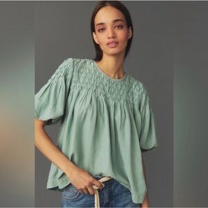 Anthropologie The Liza Smocked Puff-Sleeve Blouse Top NWT Size Small Blue Green